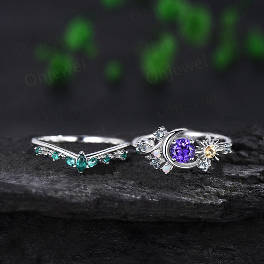 Vintage round purple sapphire moon engagement ring white gold sun citrine opal alexandrite leaf wedding bridal ring set women jewelry