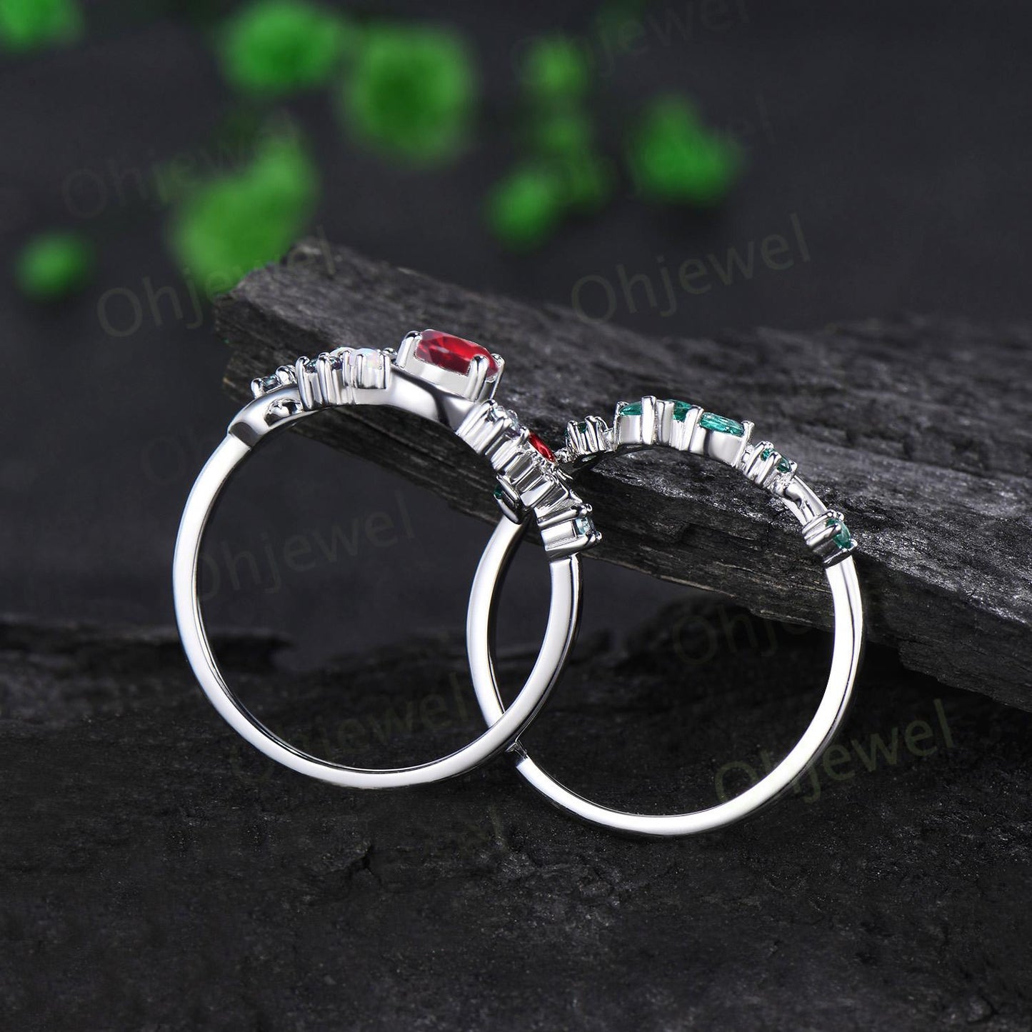 Vintage round red ruby moon engagement ring white gold sun opal alexandrite leaf wedding bridal ring set women jewelry