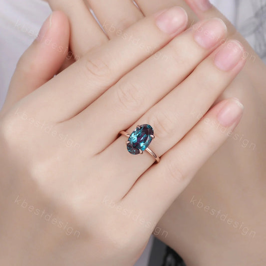 5CT oval cut alexandrite engagement ring rose gold ring vintage hidden halo ring color changing stone ring bridal statement ring