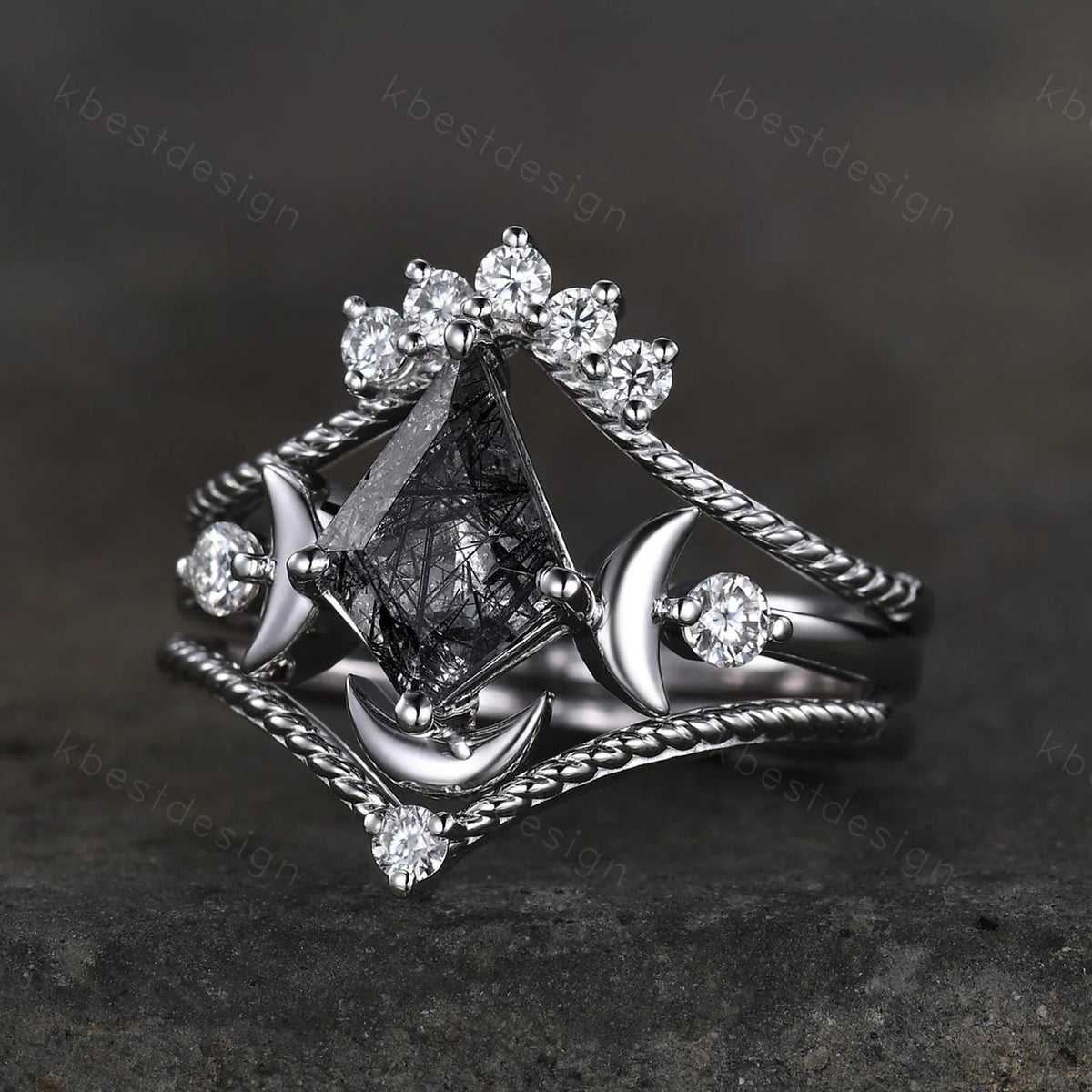 3PCS black rutilated quartz engagement ring set unique moon goddess ring art deco curved mopissanite stacking bridal promise wedding set