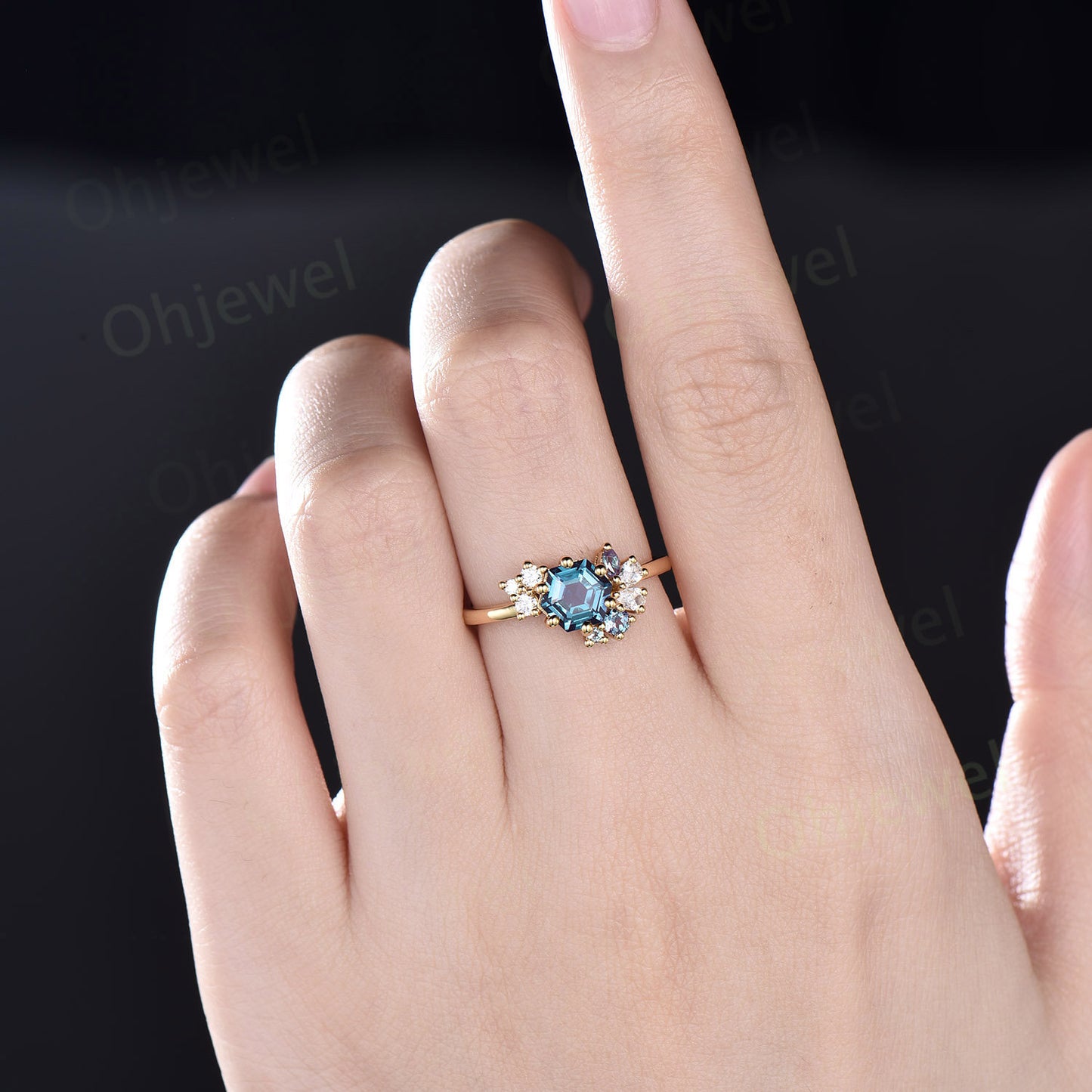 Cluster Alexandrite ring vintage Hexagon cut Alexandrite engagement ring women rose gold diamond ring dainty 925 sterling silver ring gift