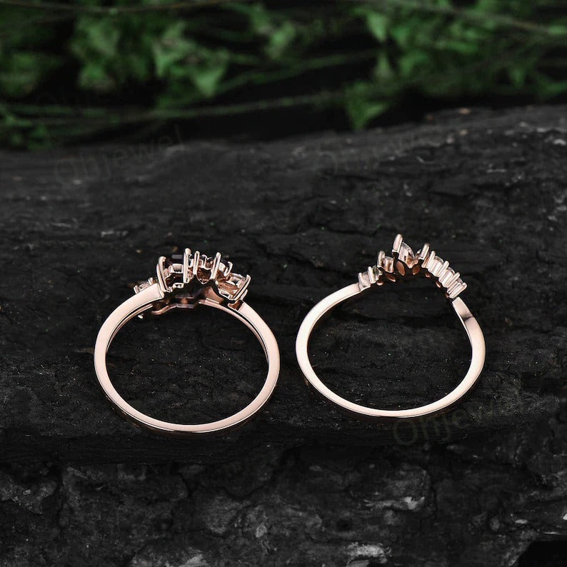 Hexagon cut Alexandrite ring rose gold unique cluster engagement ring set art deco moissanite ring women vintage bridal ring set jewelry