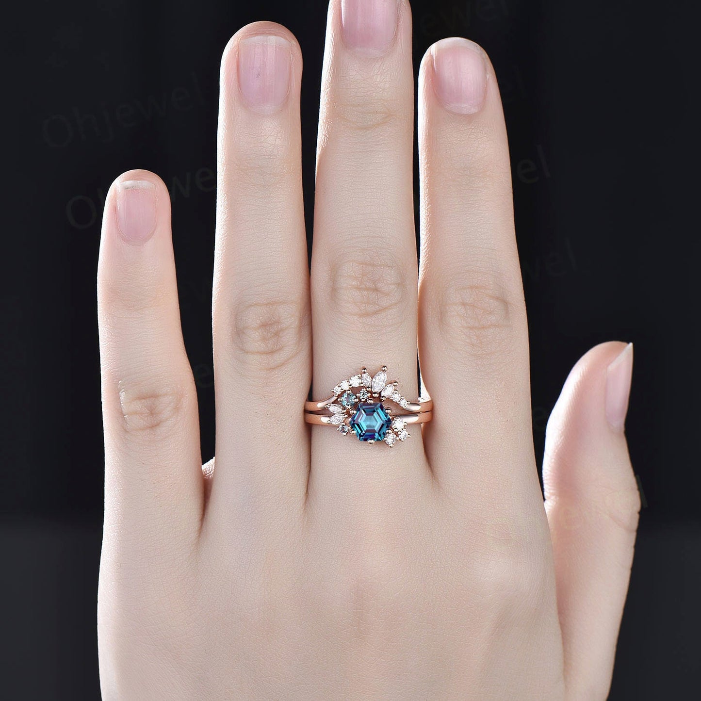 Hexagon cut Alexandrite ring rose gold unique cluster engagement ring set art deco moissanite ring women vintage bridal ring set jewelry