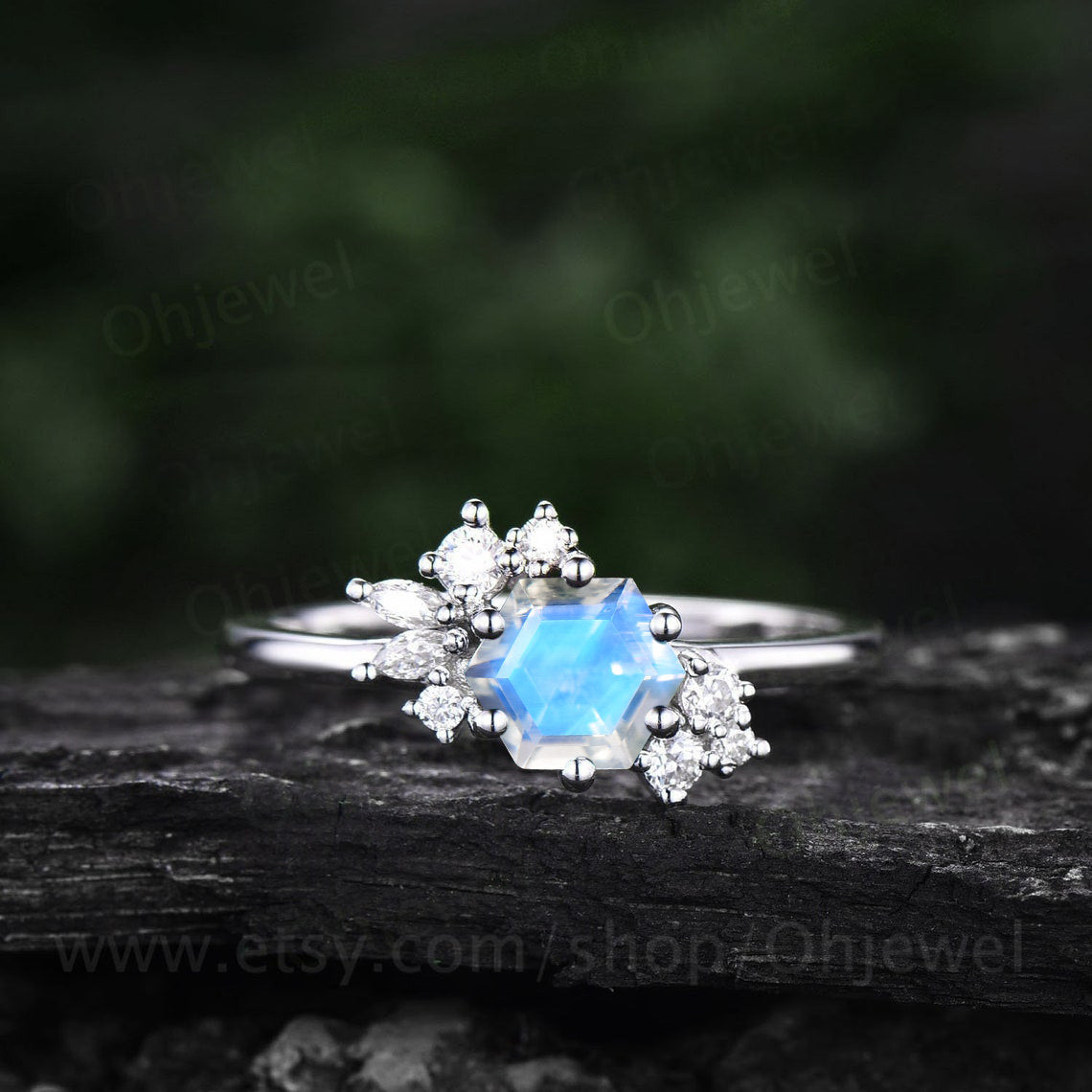 Hexagon cut Moonstone ring vintage unique Moonstone engagement ring rose gold dainty cluster art deco alexandrite wedding ring women gift