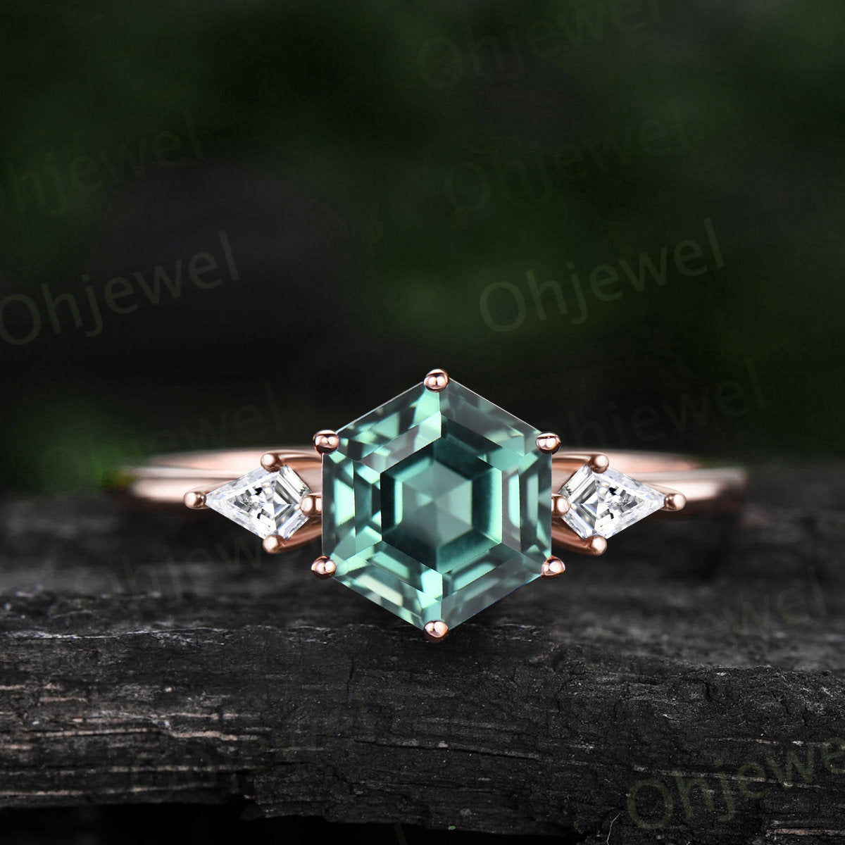 Hexagon cut green sapphire ring three stone kite cut emerald ring gold unique engagement ring women Minimalist 6 prong bridal wedding ring