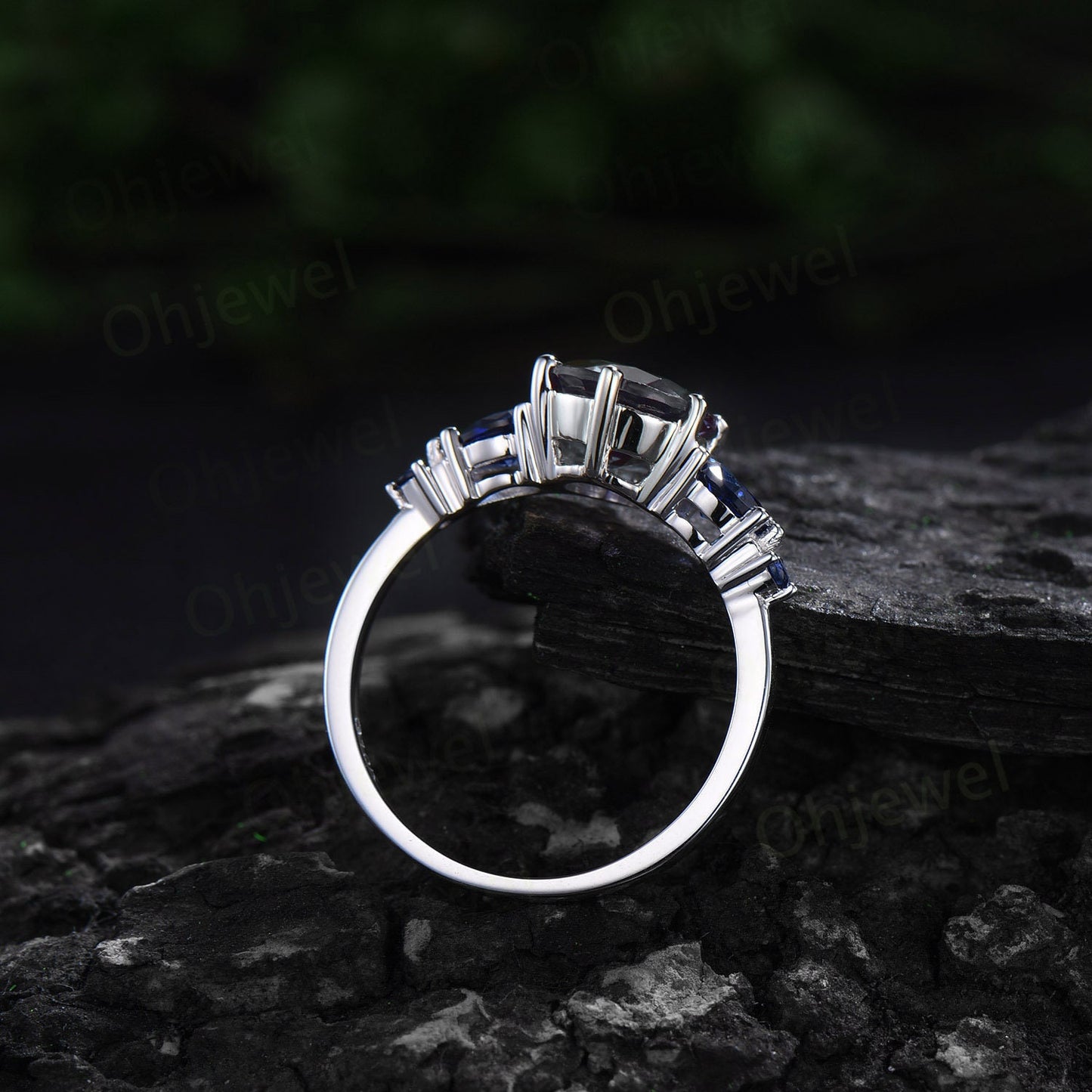 Round Aquamarine ring vintage pear sapphire ring five stone 6 prong blue gemstone ring opal wedding band engagement ring women bridal set