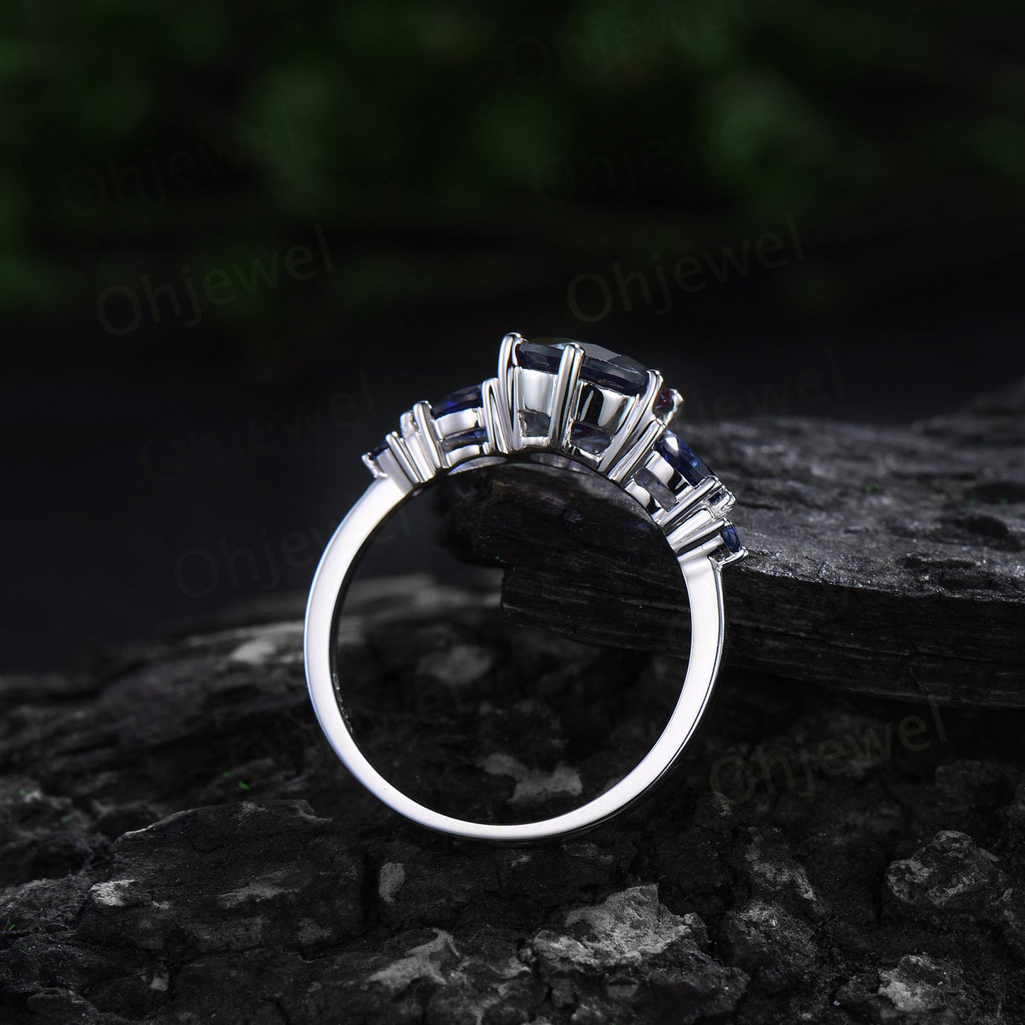 Round London blue topaz ring vintage pear sapphire ring five stone blue gemstone ring opal wedding band engagement ring women bridal set