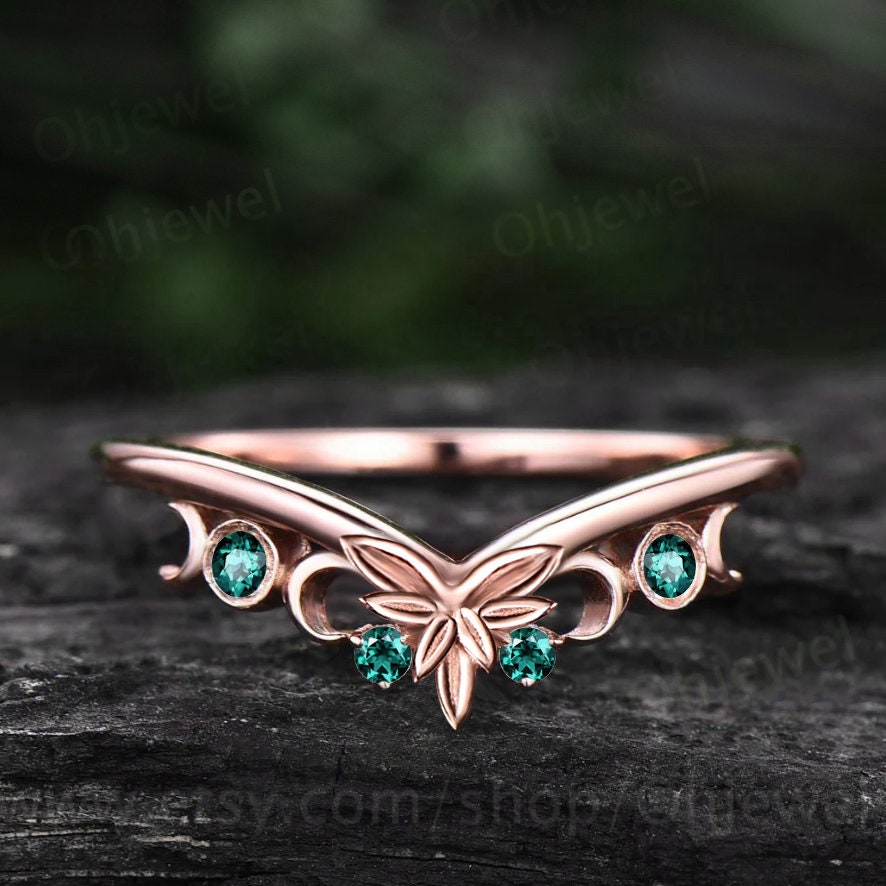 Unique Alexandrite wedding band solid 14k rose gold vintage dainty leaf wedding ring band women Celtic Knot Norse Viking ring Jewelry gift