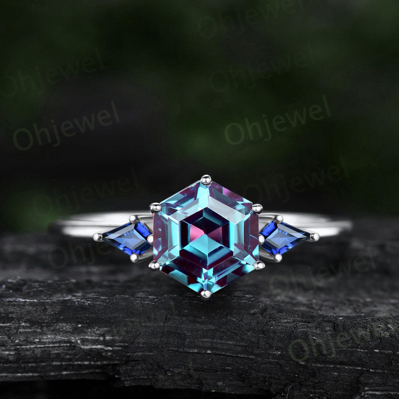 Vintage emerald Alexandrite engagement ring Hexagon cut ring three stone Minimalist ring kite cut emerald ring women dainty promise ring