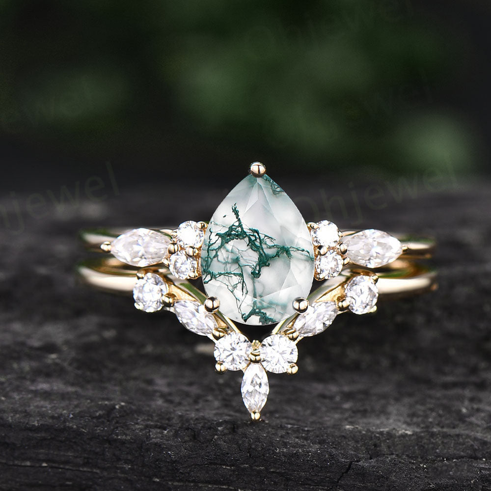Pear shaped moss agate engagement ring set vintage moss agate ring set marquise moissanite ring set green moss ring 7 stone ring bridal set
