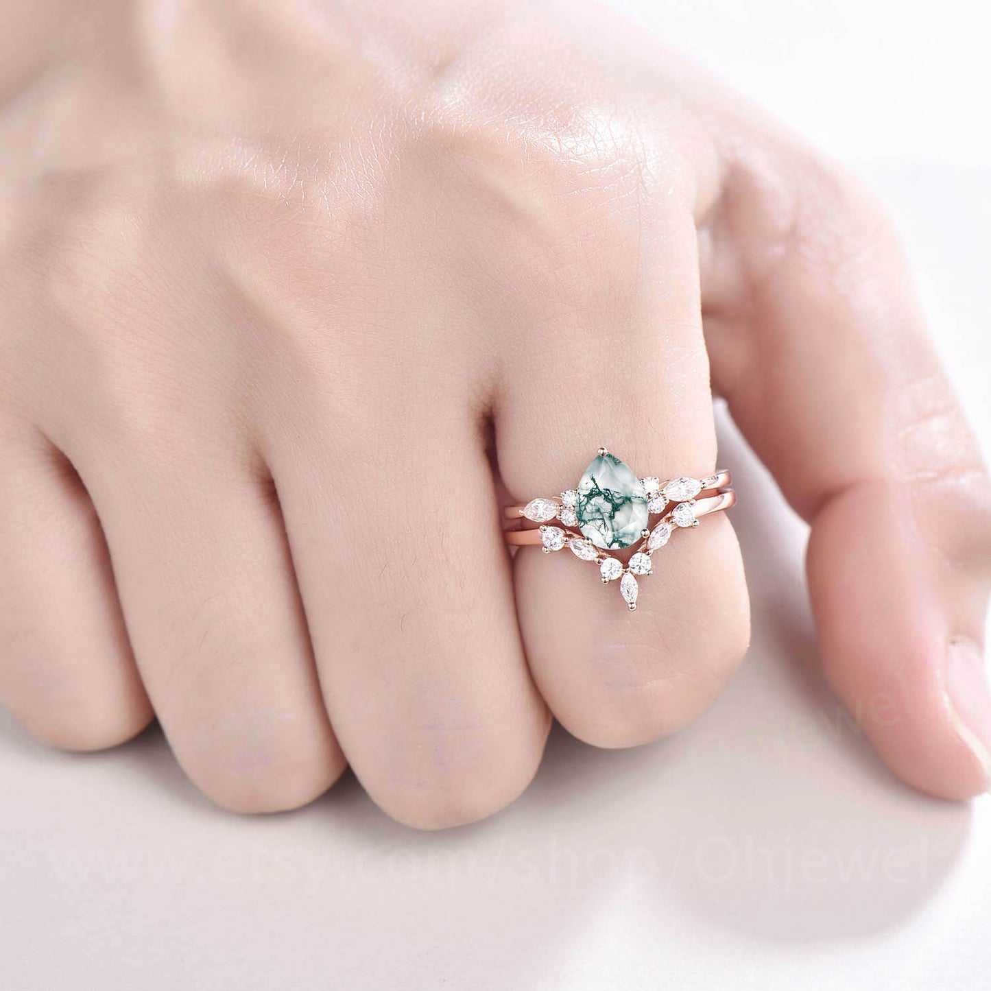Pear shaped moss agate engagement ring set vintage moss agate ring set marquise moissanite ring set green moss ring 7 stone ring bridal set