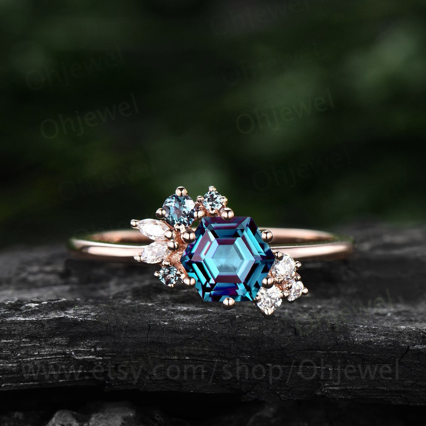 Hexagon cut Alexandrite ring rose gold unique cluster engagement ring set art deco moissanite ring women vintage bridal ring set jewelry