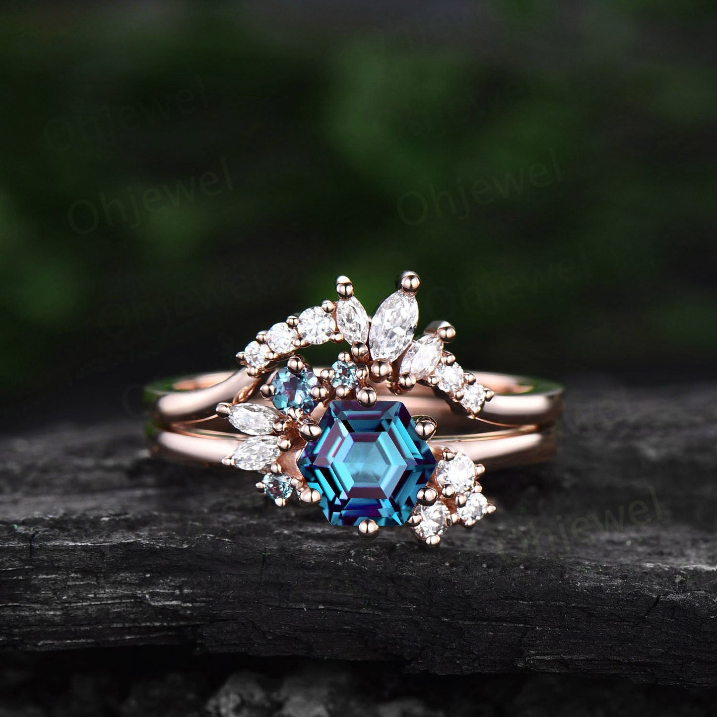 Hexagon cut Alexandrite ring rose gold unique cluster engagement ring set art deco moissanite ring women vintage bridal ring set jewelry
