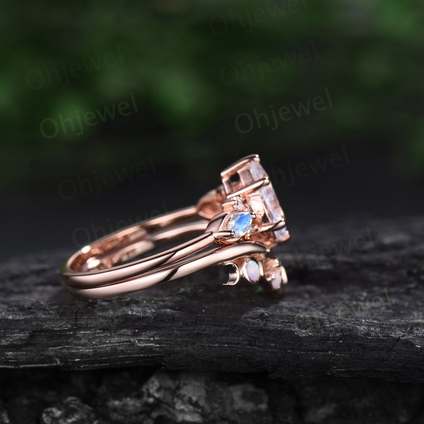 Pear shaped moonstone ring vintage moonstone engagement ring Twisted art deco rose gold ring leaf Celtic knot anniversary ring women gift