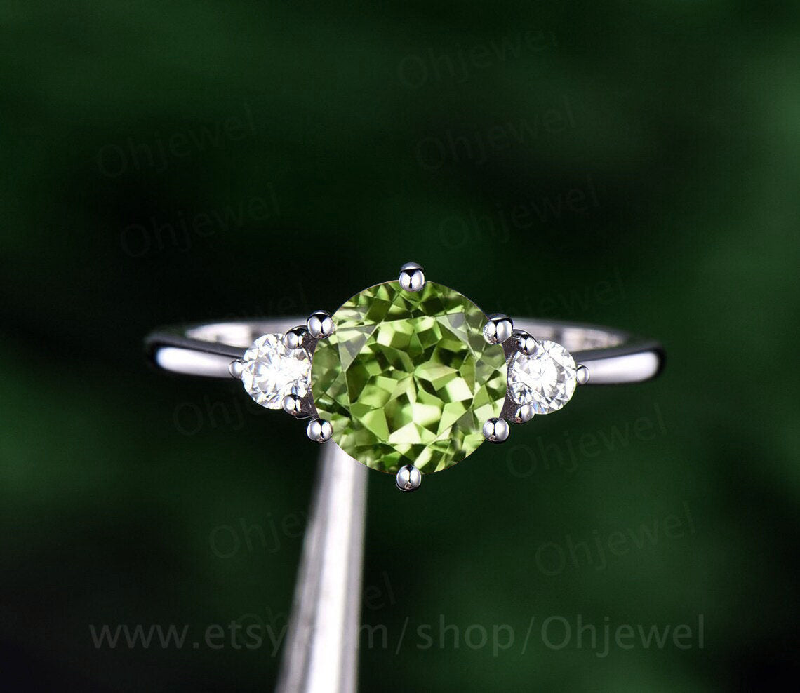 Round cut peridot ring three stone peridot engagement ring set solid 14k rose gold Minimalist moissanite ring for women wedding bridal set