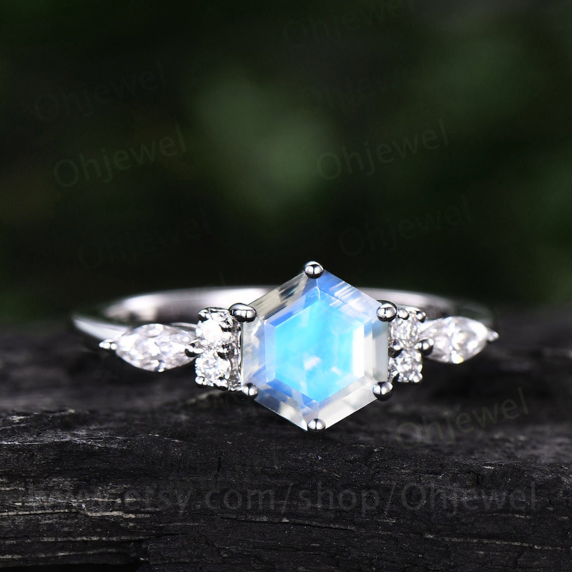 Vintage hexagon cut moonstone engagement ring 14k rose gold 6 prong marquise cut ring dainty moissanite ring women anniversary ring gift