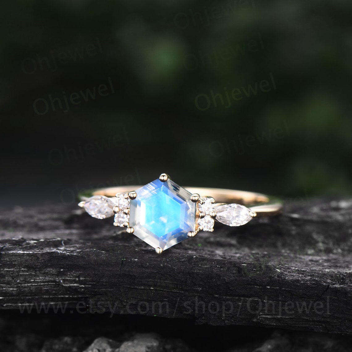 Vintage hexagon cut moonstone engagement ring 14k rose gold 6 prong marquise cut ring dainty moissanite ring women anniversary ring gift