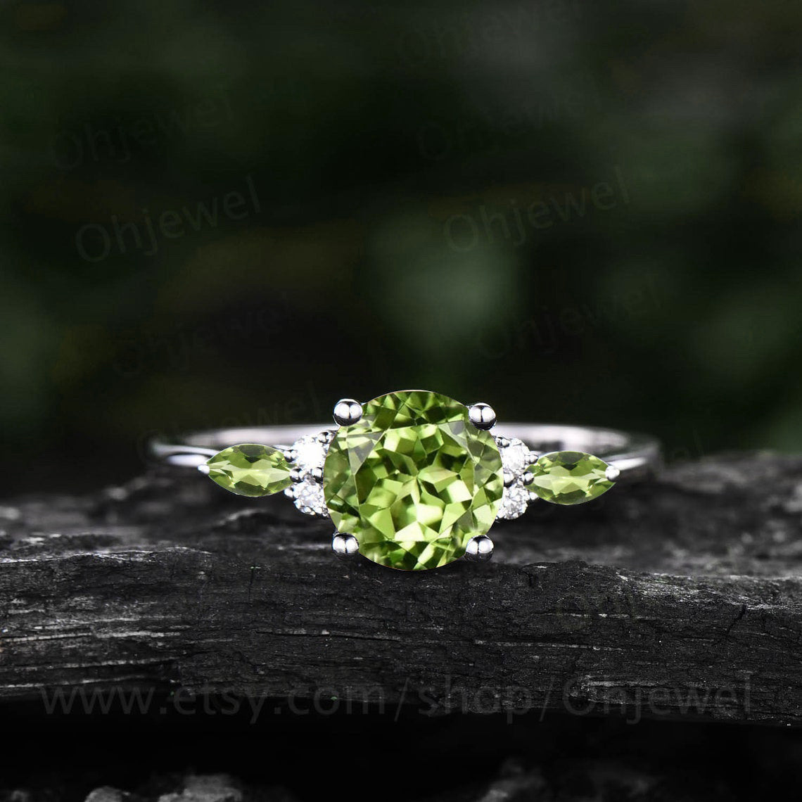Round cut peridot ring vintage peridot engagement ring set solid 14k rose gold art deco moissanite ring for women wedding bridal ring set
