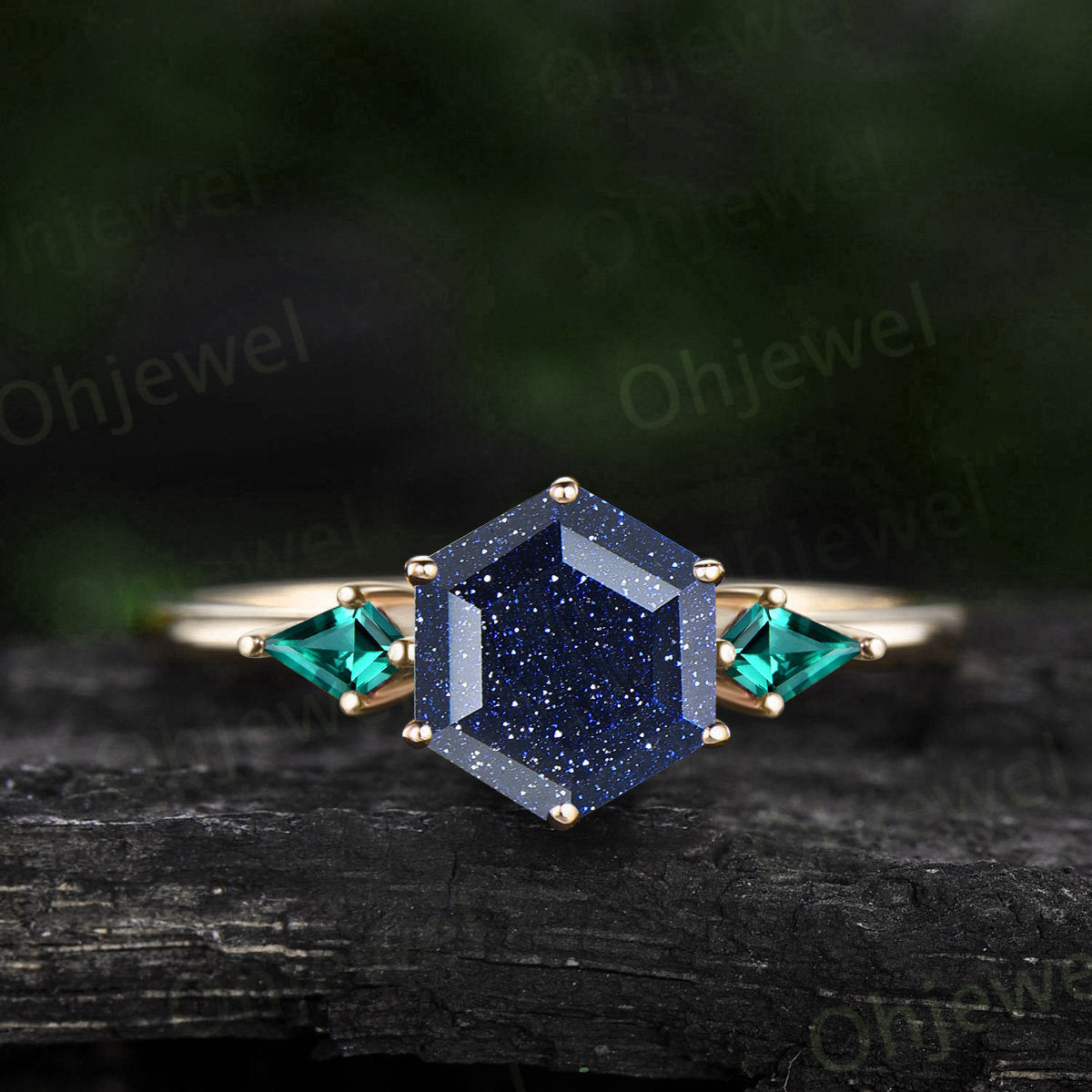 Hexagon cut blue sandstone ring three stone kite cut sapphire ring rose gold unique engagement ring women Minimalist 6 prong promise ring