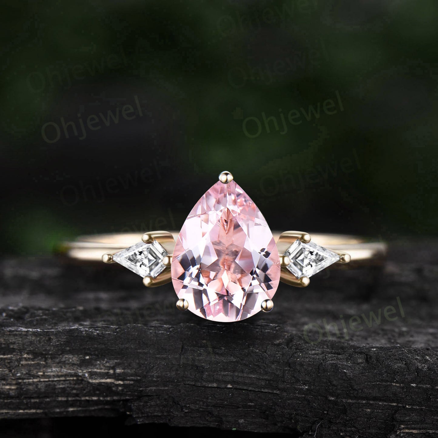 Pear shaped pink morganite ring three stone 14k rose gold ring kite cut Alexandrite ring dainty morganite engagement ring women promise ring