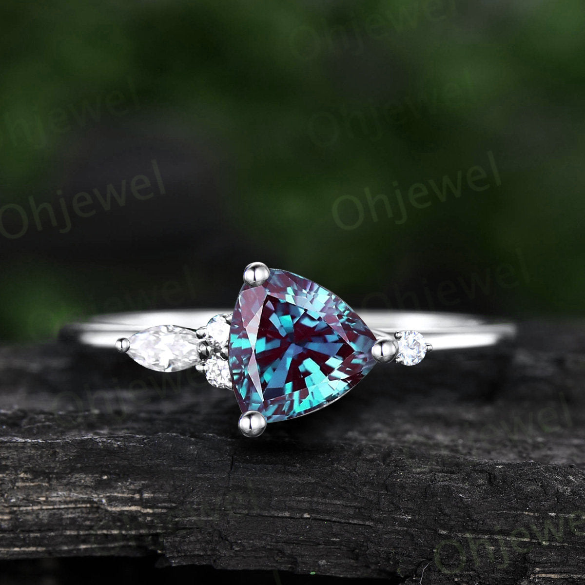 Trillion cut Alexandrite engagement ring rose gold five stone ring marquise moonstone ring women unique diamond bridal wedding promise ring