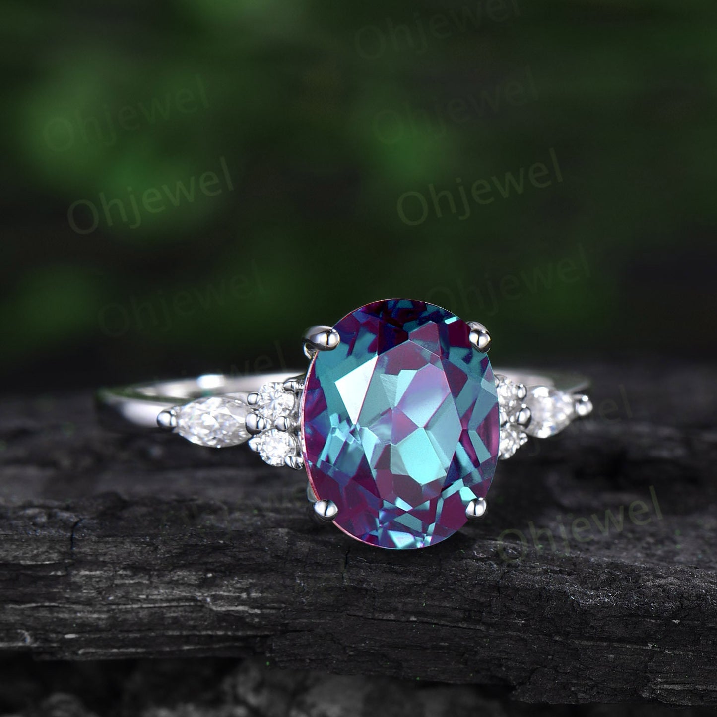 4ct oval cut Alexandrite engagement ring set solid 14k white gold art deco diamond ring vintage moon Celtic knot wedding ring set for women