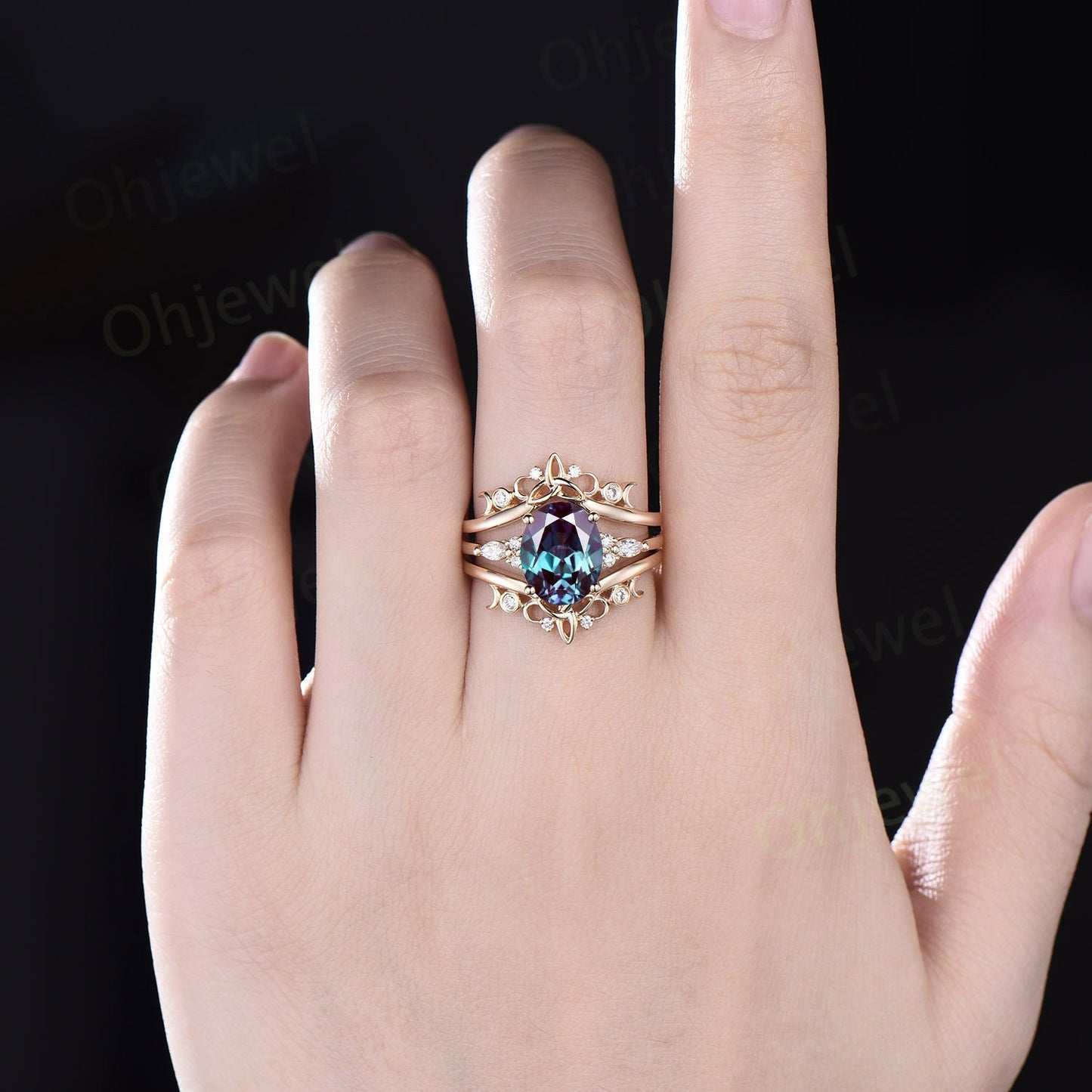 4ct oval cut Alexandrite engagement ring set solid 14k white gold art deco diamond ring vintage moon Celtic knot wedding ring set for women