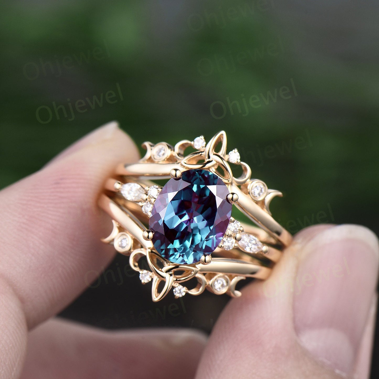 4ct oval cut Alexandrite engagement ring set solid 14k white gold art deco diamond ring vintage moon Celtic knot wedding ring set for women