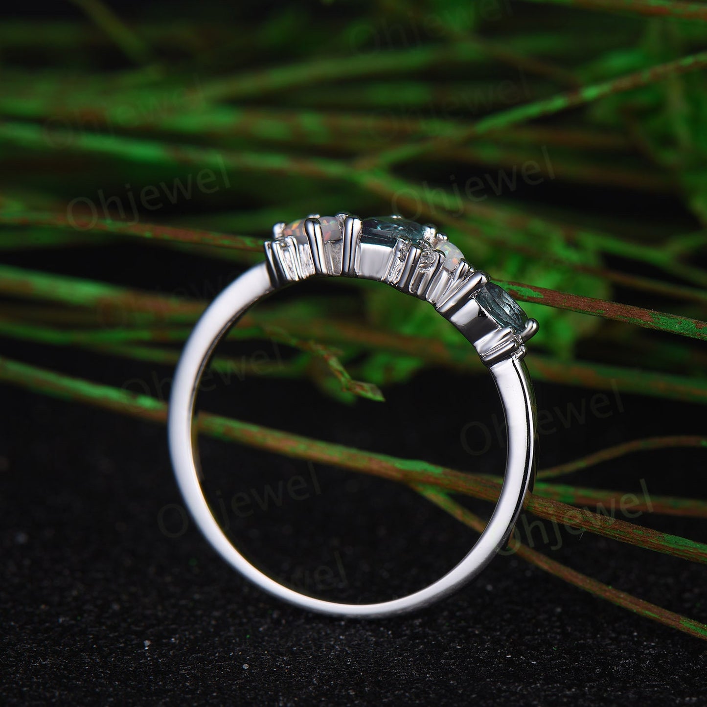 Cluster pear alexandrite ring rose gold art deco Baguette cut opal ring women dainty moissanite wedding band bridal anniversary ring gift