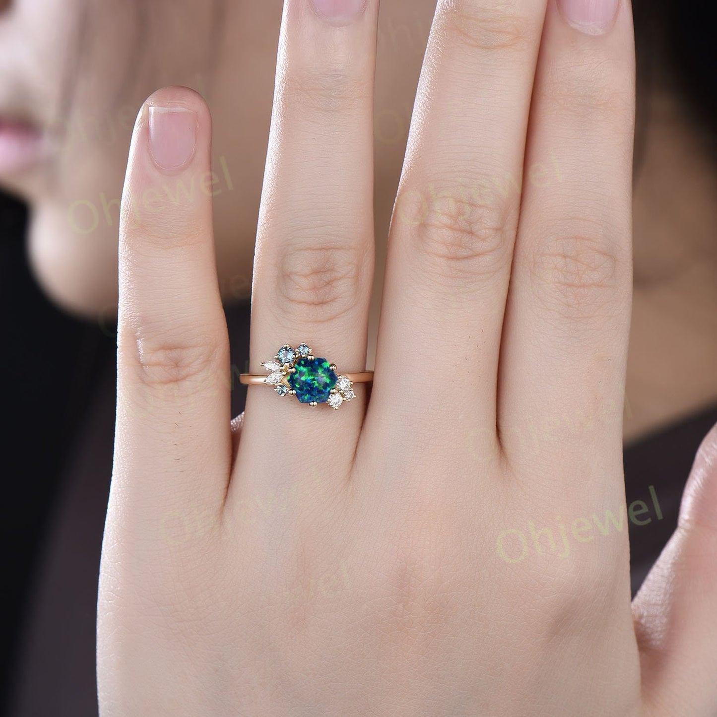 Hexagon black opal ring gold silver for women vintage unique opal engagement ring cluster alexandrite art deco diamond bridal ring gifts