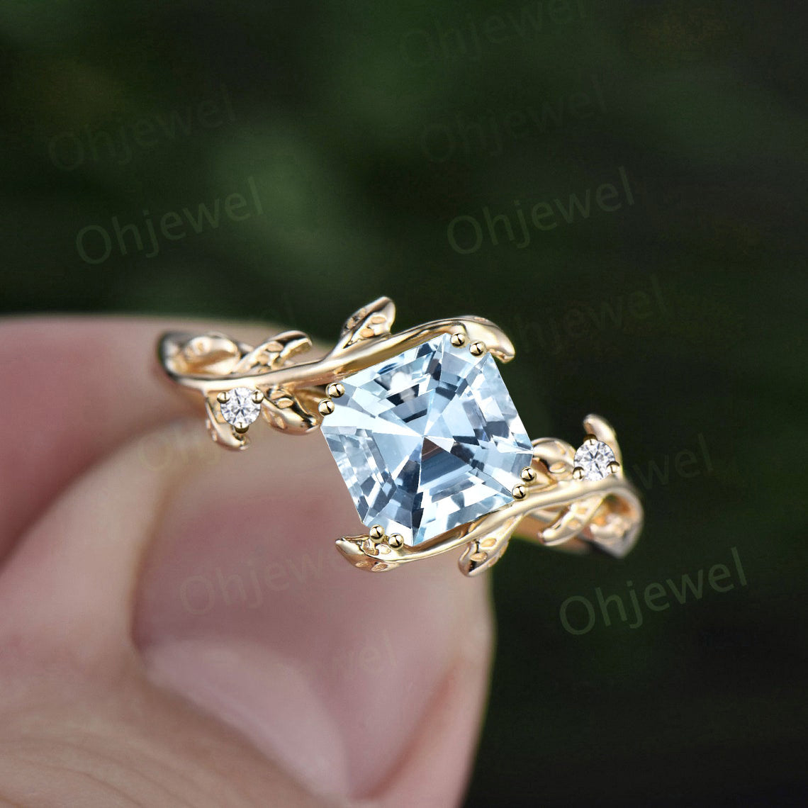 Vintaeg Asscher natural Aquamarine engagement ring women three stone sapphire ring leaf branch rose gold ring unique promise bridal ring
