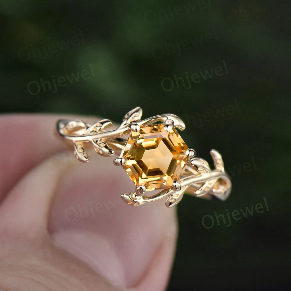 Vintage Hexagon citrine engagement ring nature inspired peridot ring women twig leaf moissanite ring yellow gold branch wedding ring gift