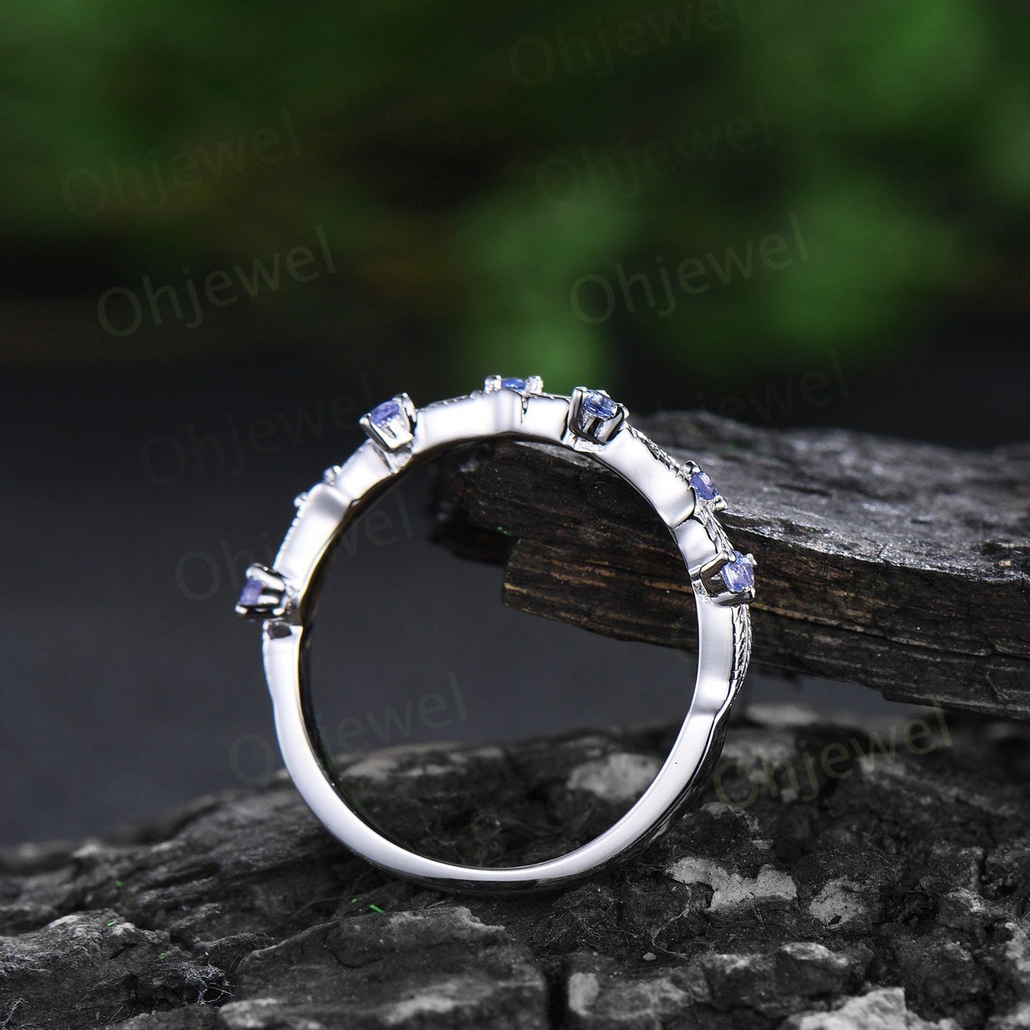 Natural Tanzanite ring vintage half eternity nature inspired leaf wedding band solid 14k white gold anniversary ring gift gemstone women