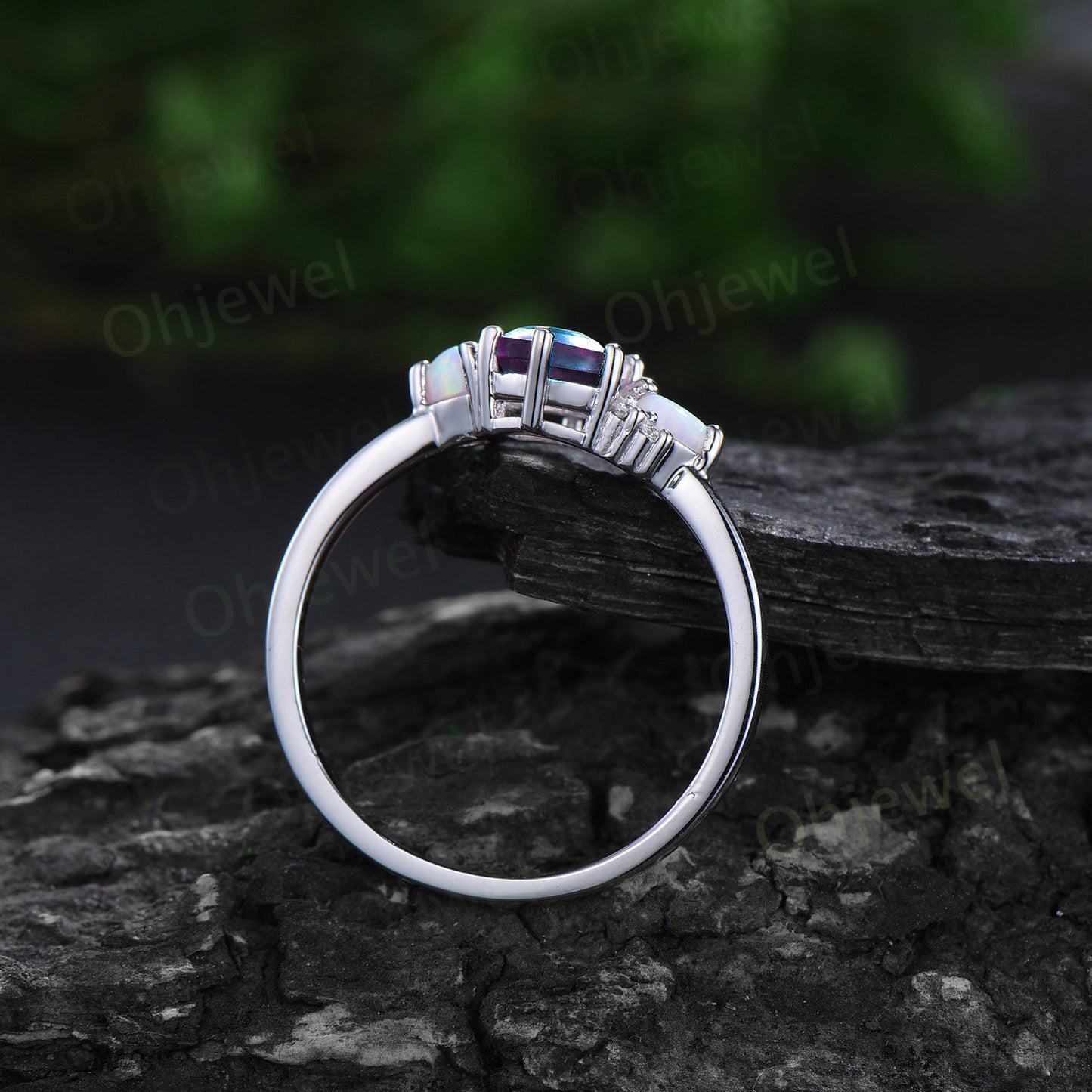 Vintage Long hexagon alexandrite engagement ring opal amethyst ring 14k white gold cluster moissanite anniversary wedding bridal set women