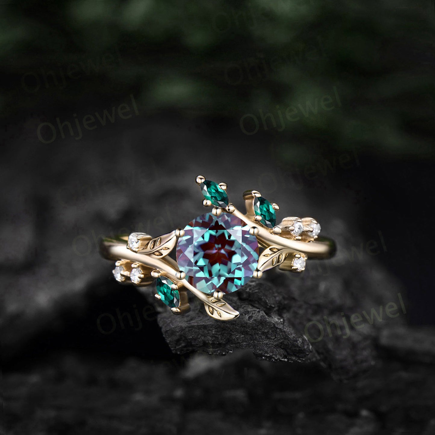 Vintage round Alexandrite engagement ring art deco leaf moonstone ring women rose gold nature inspired moissanite promise wedding ring gift