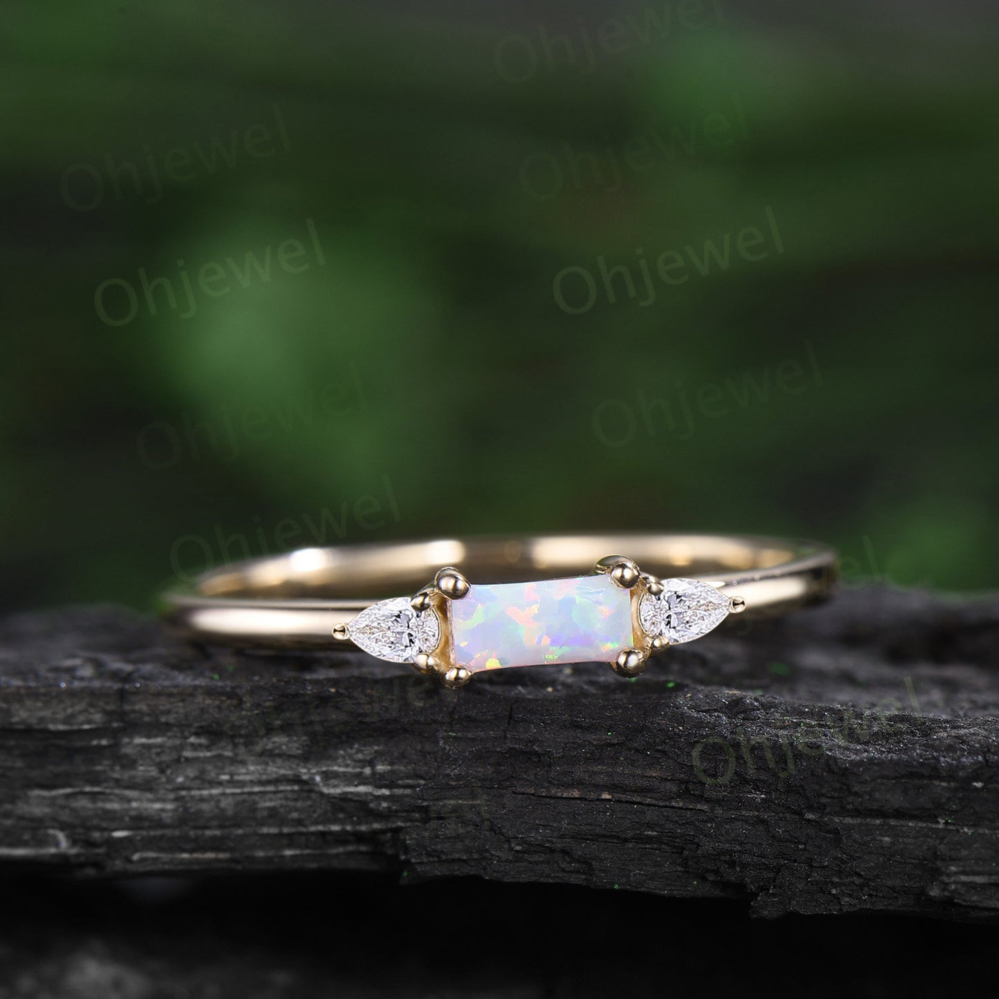 Dainty Baguette cut white opal ring vintage three stone pear amethyst ring 14k rose gold unique engagement ring women anniversary ring gift