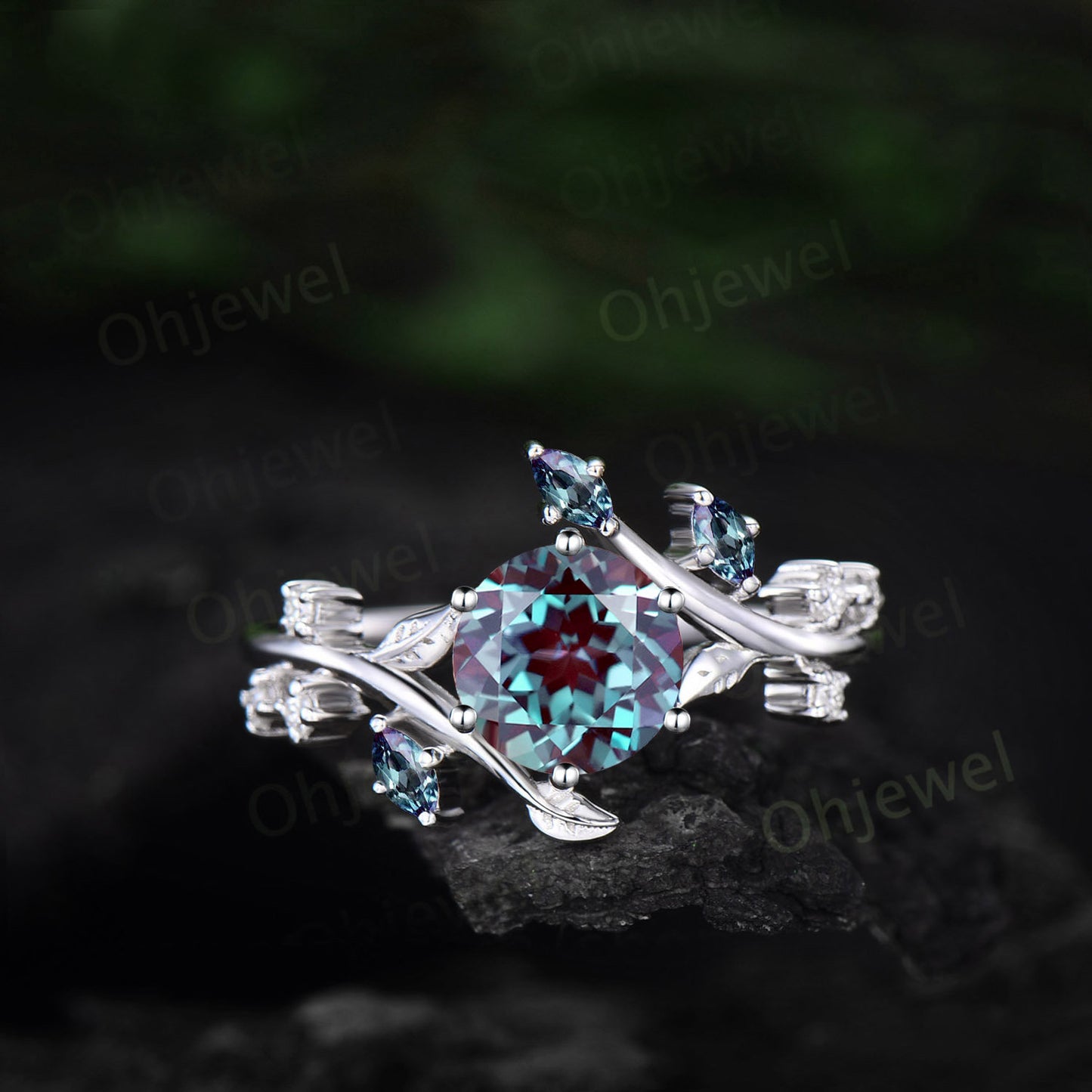 Vintage round Alexandrite engagement ring art deco leaf moonstone ring women rose gold nature inspired moissanite promise wedding ring gift