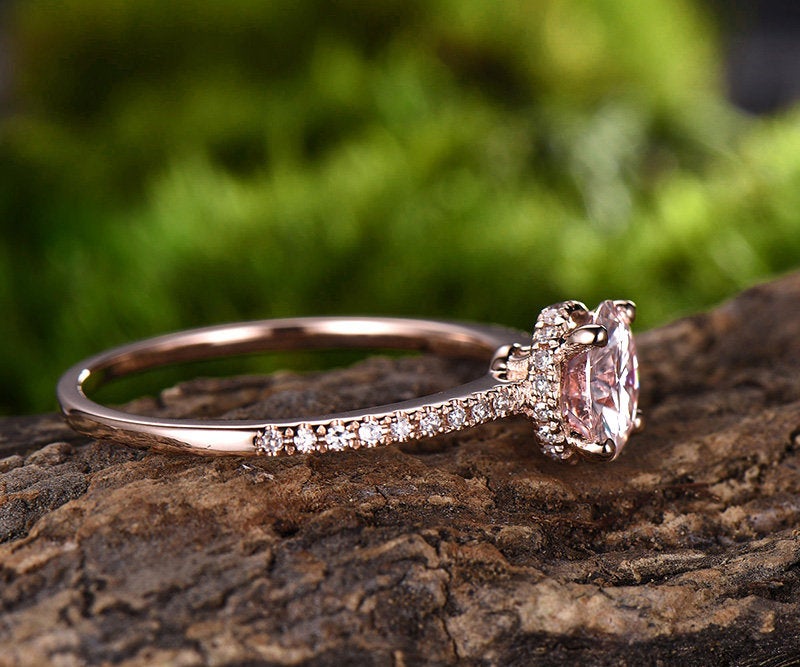 1 carat pink morganite engagement ring rose gold 14K/18K with moissanite under basket halo ring promise ring wedding band