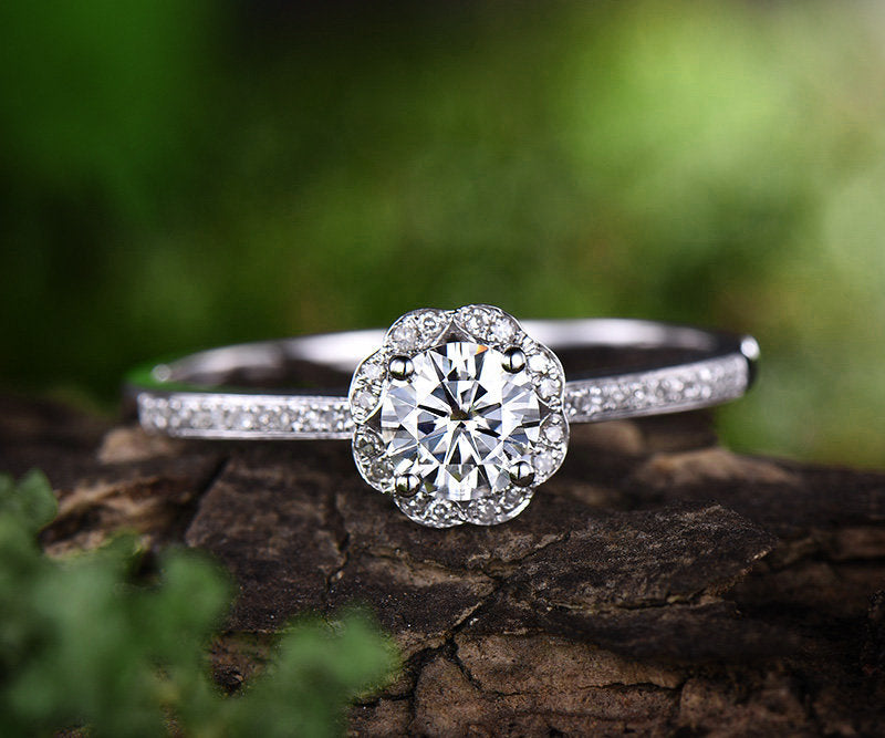 Unique round moissanite engagement ring rose gold 14K/18K diamond halo ring wedding ring band half eternity flower promise anniversary ring