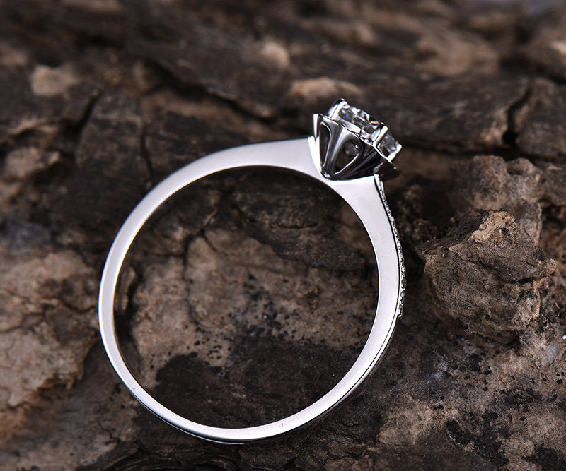 Unique round moissanite engagement ring rose gold 14K/18K diamond halo ring wedding ring band half eternity flower promise anniversary ring