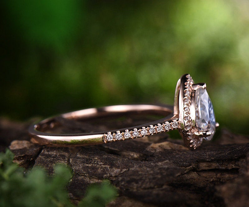 1ct pear cut moonstone engagement ring rose gold 14K/18K halo diamond wedding ring half eternity stackable june birthstone promise ring