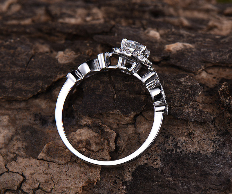 0.5ct blue moonstone engagement ring white gold 14K/18K moissanite halo wedding band june birthstone ring stackable promise moonstone ring