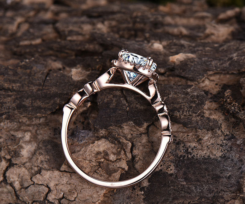 1.25 carat brilliant Moissanite engagement ring rose gold 14K/18K with diamond halo wedding band half eternity stackable promise bridal ring