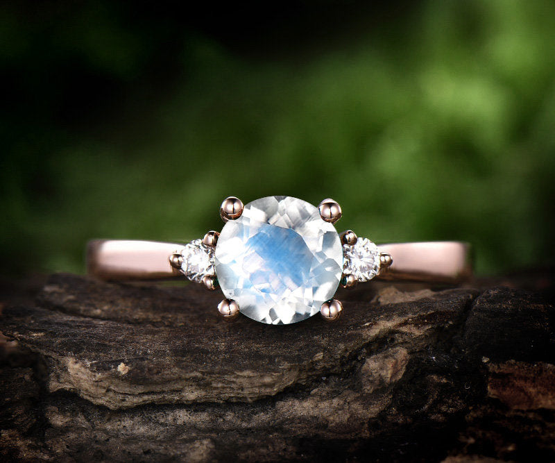 Three stone moonstone engagement ring rose gold 14K/18K moonstone ring gold june birthstone ring diamond wedding ring unique promise ring