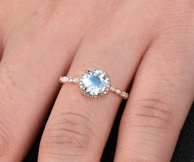 Natural moonstone engagement ring rose gold 14K/18K moonstone ring diamond halo ring June birthstone wedding marquise bridal promise ring