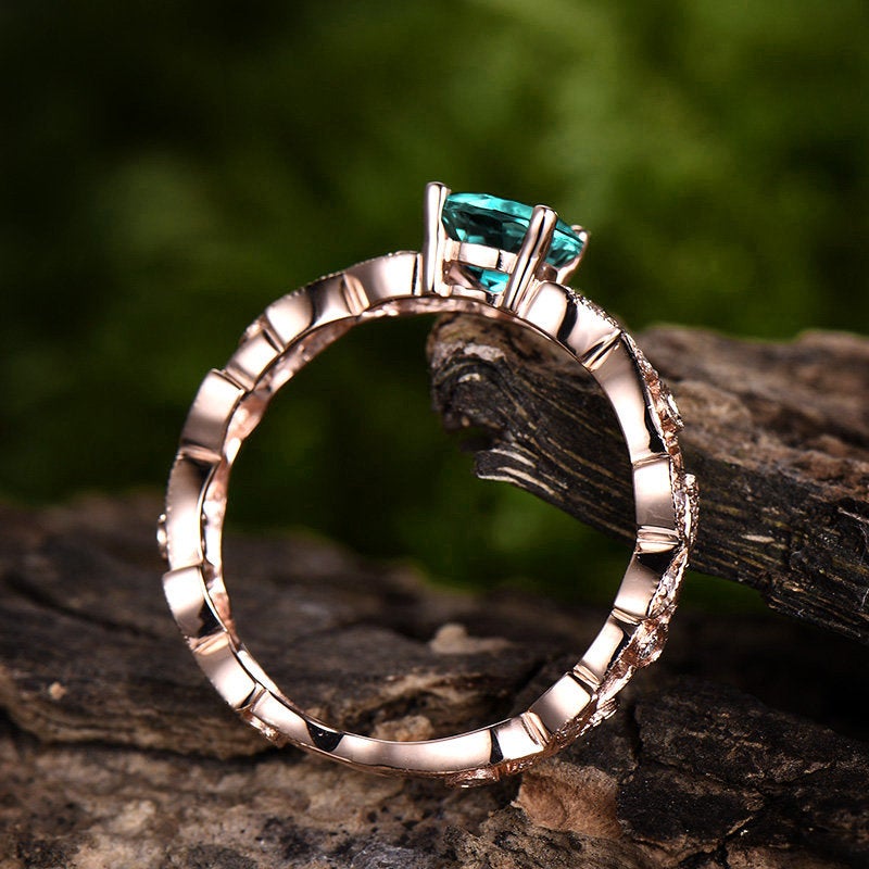1ct Unique round emerald engagement ring rose gold 14K/18K emerald ring gold vintage full eternity diamond wedding band may birthstone ring