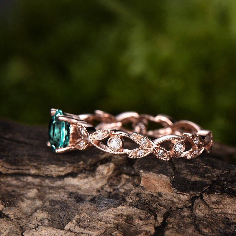 1ct Unique round emerald engagement ring rose gold 14K/18K emerald ring gold vintage full eternity diamond wedding band may birthstone ring