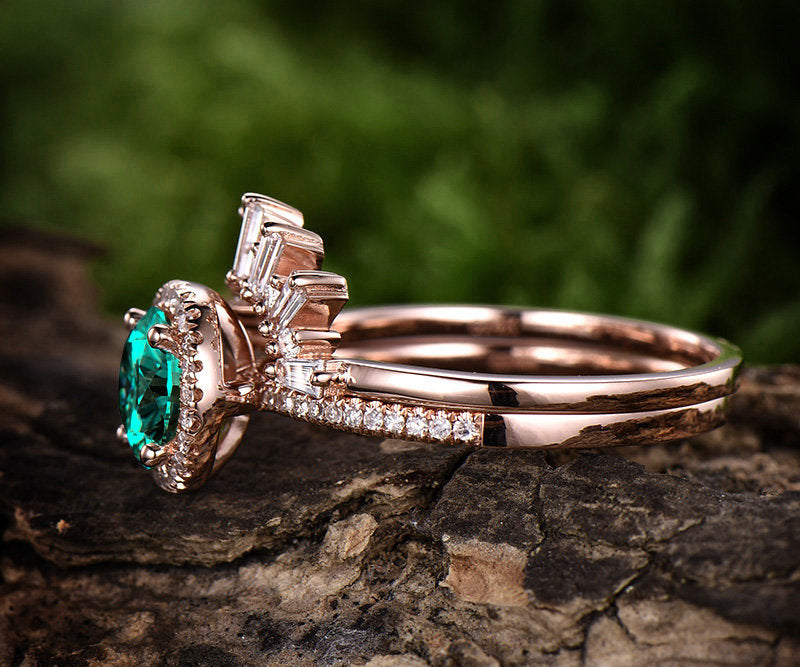 1.2ct emerald engagement ring set rose gold 14K/18K emerald ring gold set Crown matching halo diamond wedding ring band may birthstone ring