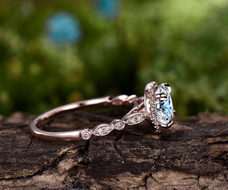 Natural moonstone engagement ring rose gold 14K/18K moonstone ring diamond halo ring June birthstone wedding marquise bridal promise ring