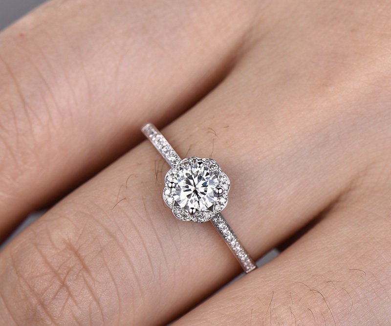 Unique round moissanite engagement ring rose gold 14K/18K diamond halo ring wedding ring band half eternity flower promise anniversary ring